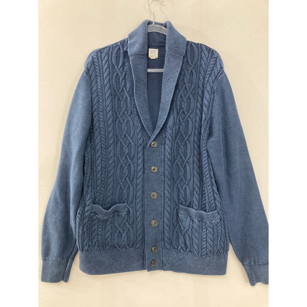 Gap‎ Mens Shawl Collar Cable Knit Cardigan XL Blue Button Front Cotton Preppy